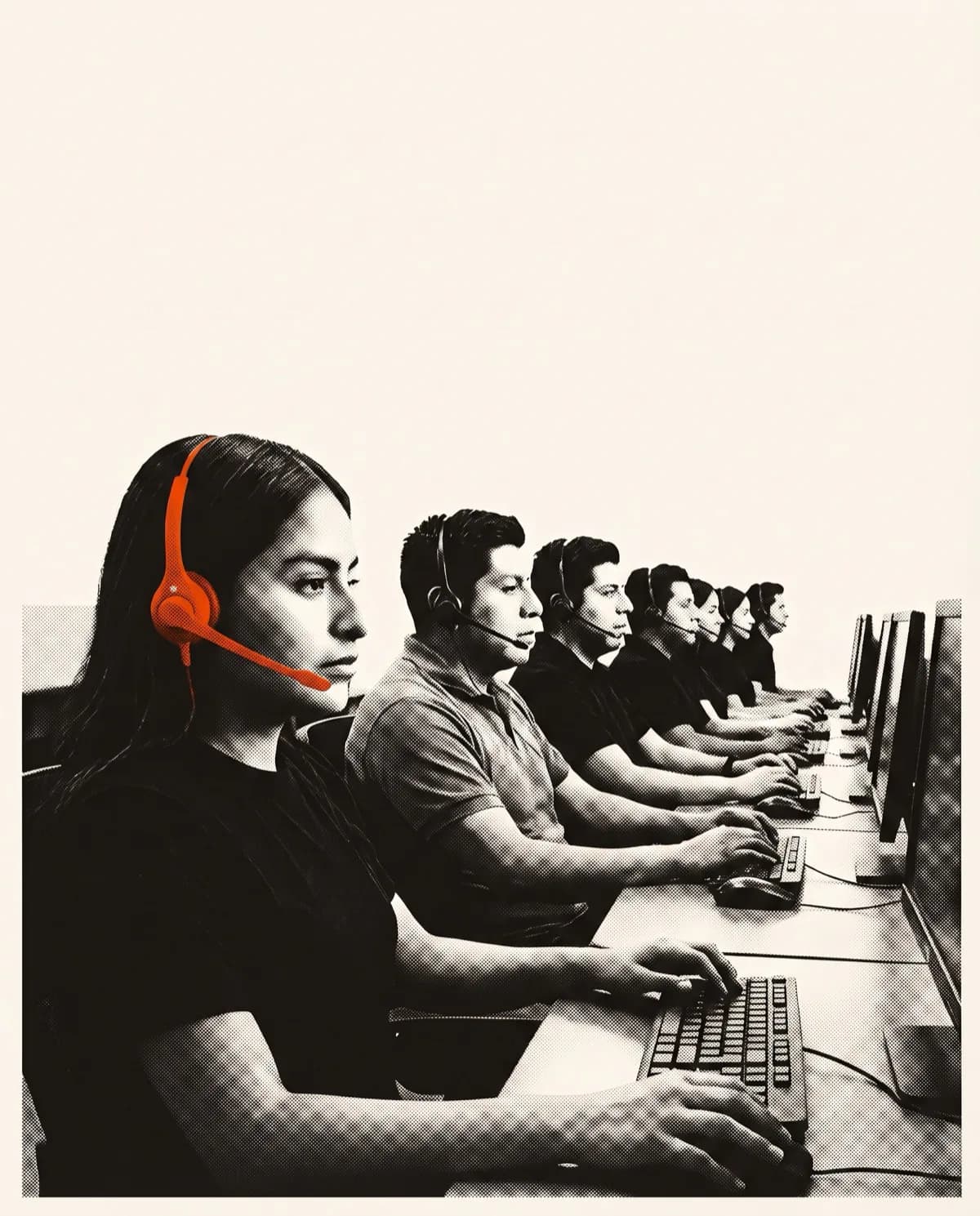 A row of headset operators taking calls at their positions on a contact centre floor.