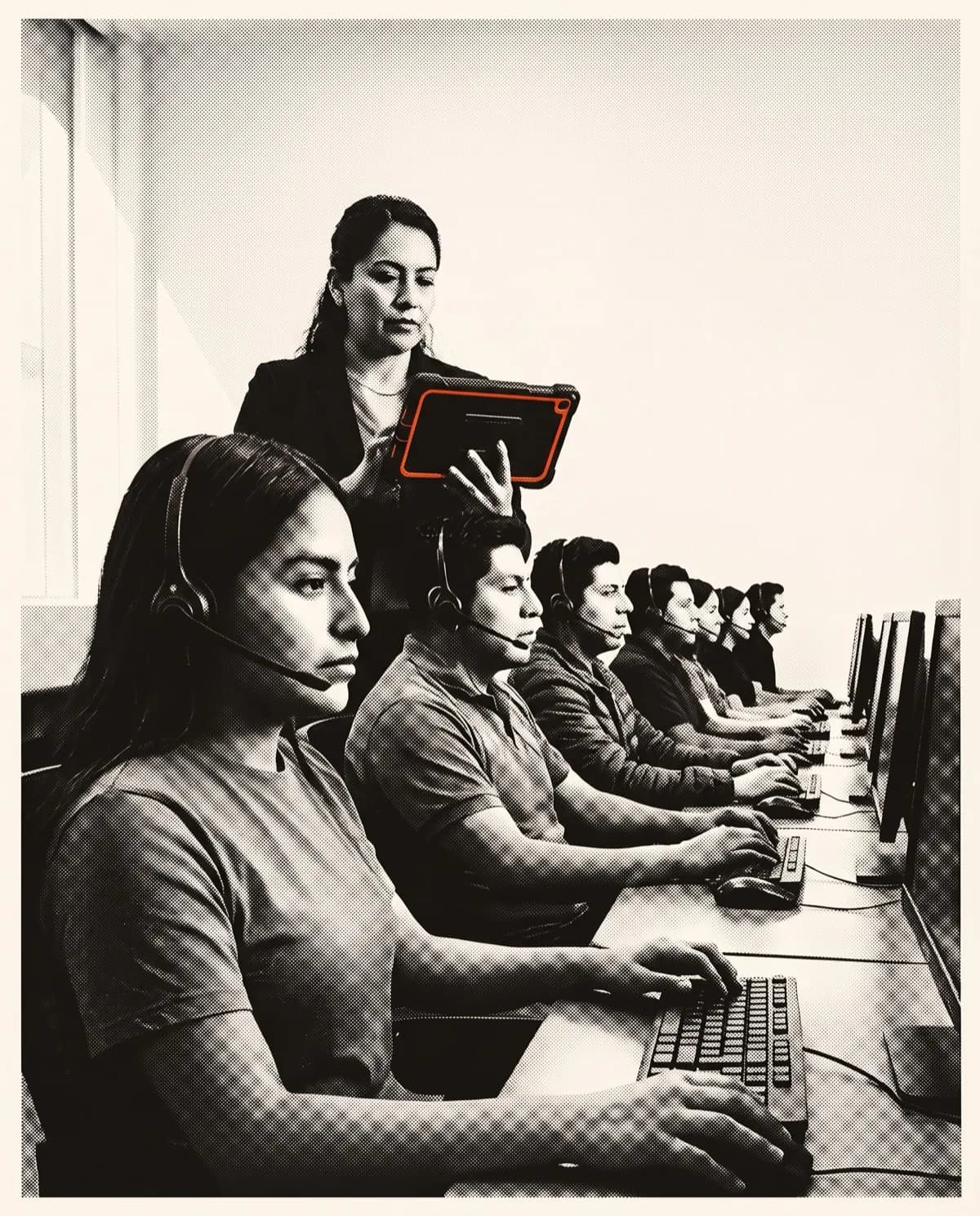 Aspirantes haciendo la prueba de voz en las posiciones, con la reclutadora observando por detrás.