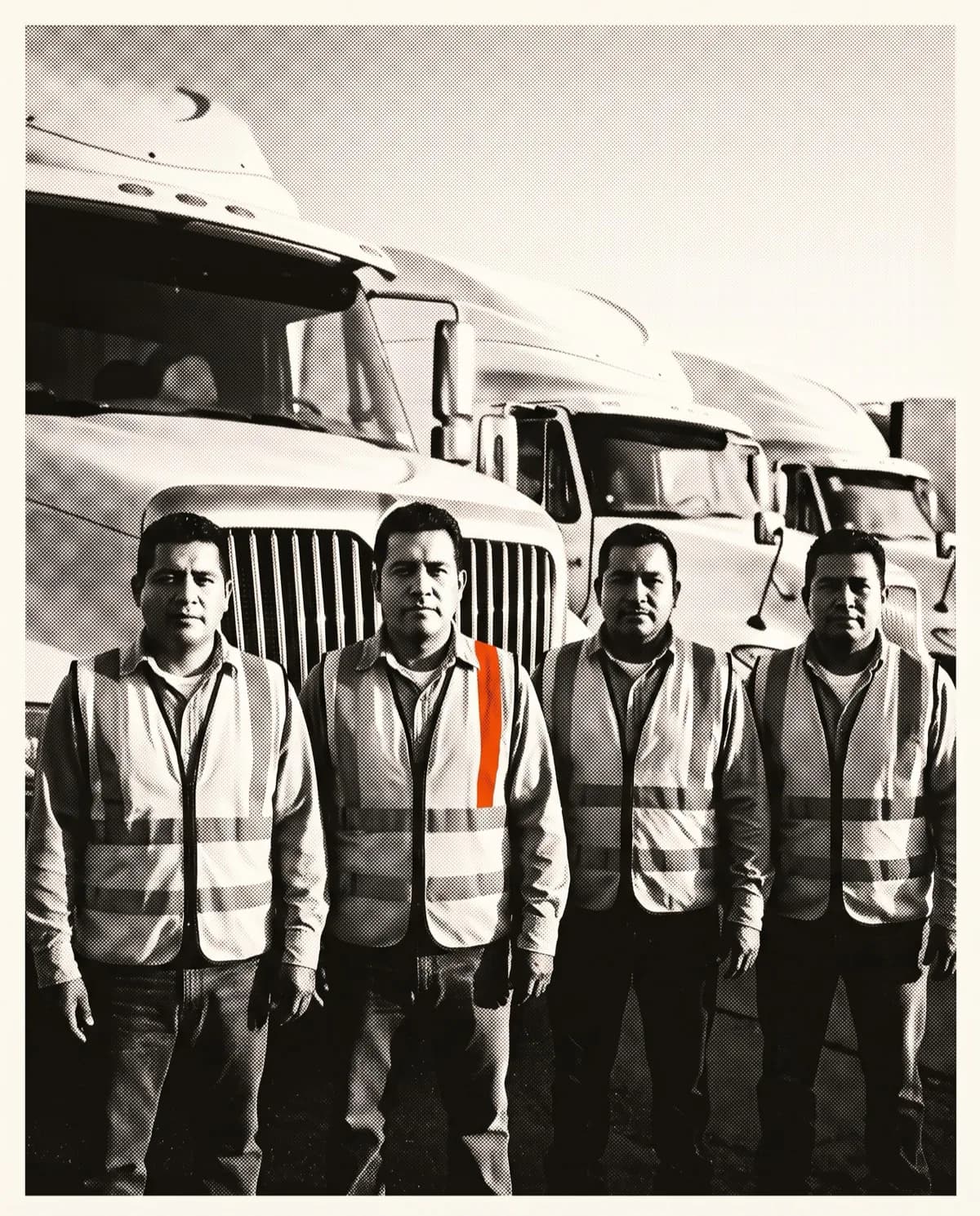 Crew of four truck drivers facing the camera in the depot yard, the parked fleet behind them.