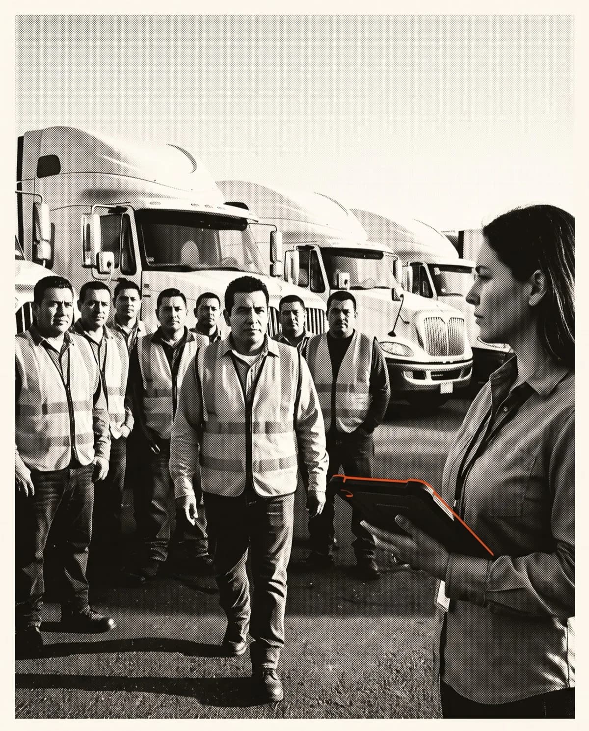 Fleet hiring coordinator holding a tablet, attending to a group of drivers waiting their turn in the yard.