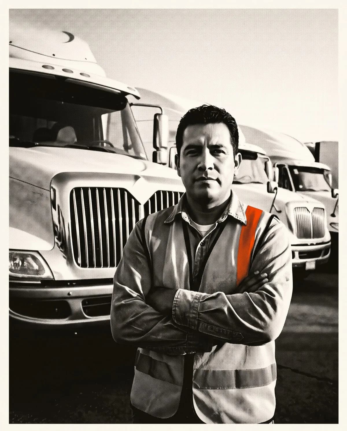 Truck driver standing with folded arms in front of his rig, more cabs lined up across the depot yard.