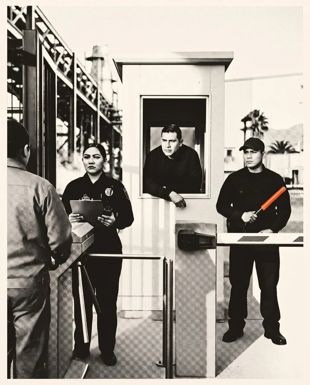Three security guards covering the pedestrian entrance of a plant: turnstile, guard booth and vehicle barrier.