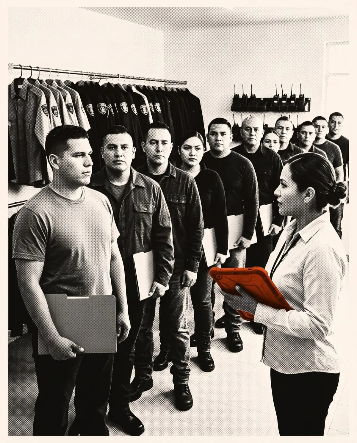 Aspirantes a guardia esperando con sus documentos en la oficina de reclutamiento, frente al perchero de uniformes y el rack de radios.