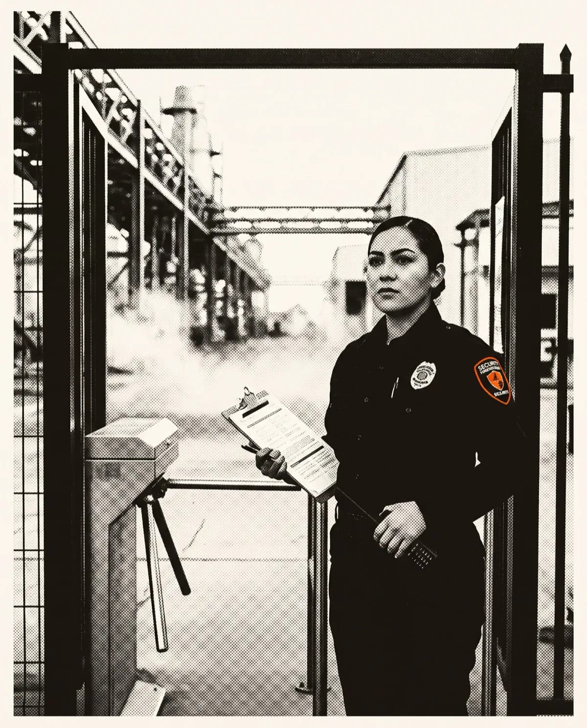 Security guard holding a clipboard at the pedestrian gate of an industrial plant.
