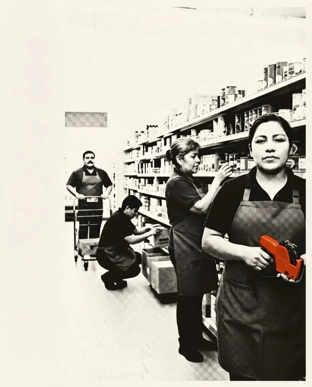 Cuatro personas de piso reponiendo y acomodando producto en el pasillo de un autoservicio.