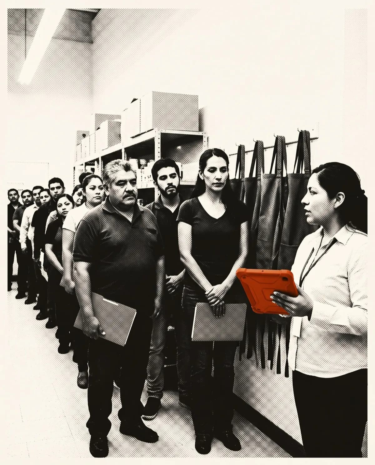 Retail floor applicants waiting in the store back room, beside the aprons hanging ready to be issued.
